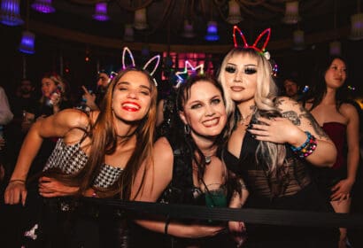 Guests posing at Flashback at Time Nightclub in Costa Mesa, CA