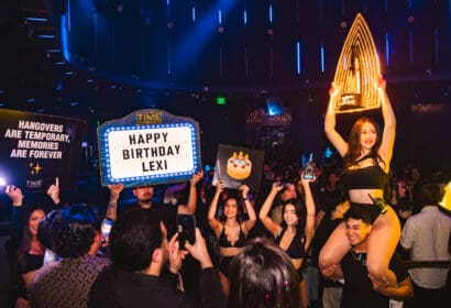 Bottle service posing at Mike Sherm at Time Nightclub in Costa Mesa, CA