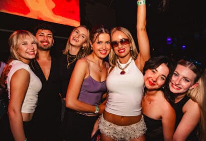 Guests posing at Blanke at Time Nightclub in Costs Mesa, CA