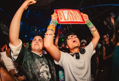 Guests posing at Blanke at Time Nightclub in Costs Mesa, CA