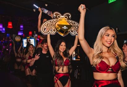 Bottle service posing at Phantogram at Time Nightclub in Costa Mesa, CA
